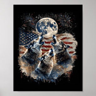 Poster Loup 4 juillet hurler des loups sous la lune Améri