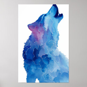 Poster Loup à l'aquarelle bleue hurlant