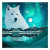 Loup arctique la nuit avec aurores boréales