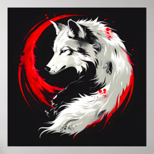 Poster Loup blanc rouge lunaire