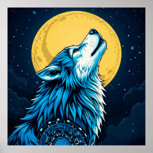 Poster Loup bleu mystique hurlant à la pleine lune