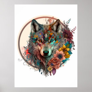 Poster Loup Coloré Avec Fleurs