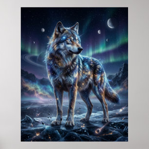 Poster Loup Cosmique Sous le Ciel de l'Aurore