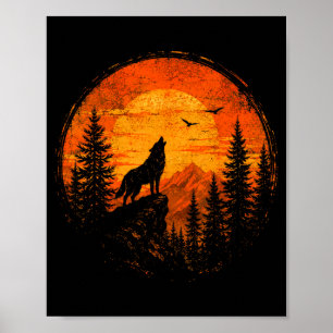 Poster Loup coucher de soleil montagne forêt sauvagerie n