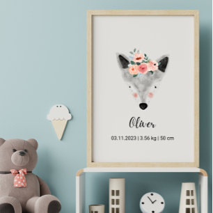 Poster Loup d'aquarelle mignonne avec fleurs   Boho Nurse