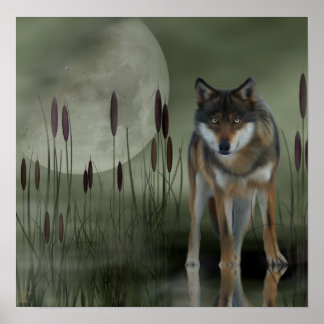 Poster Loup de lune - Loup, Animaux