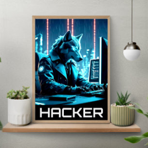 Poster Loup de pirate informatique néon style cyberpunk