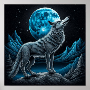 Poster Loup debout devant la pleine lune   art IA