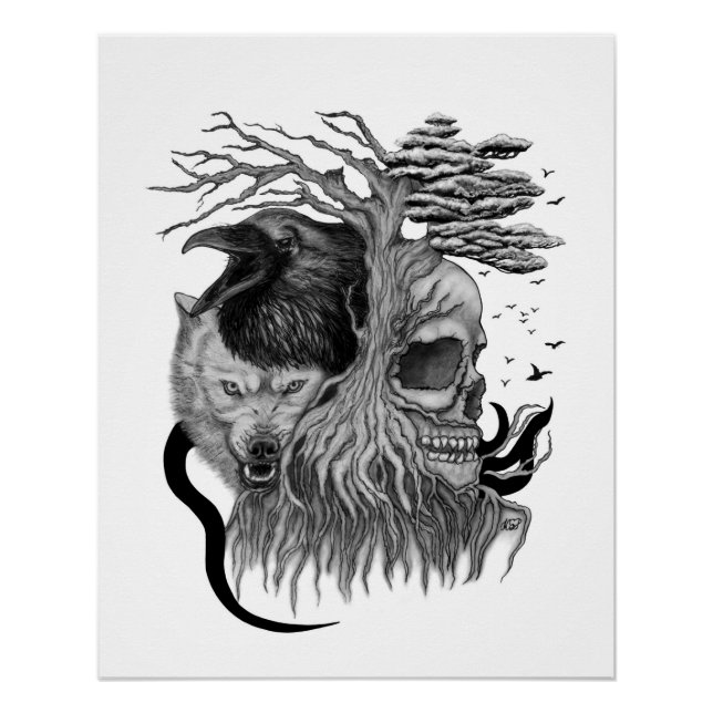 Poster Loup et corbeau avec crâne (Devant)