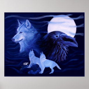 Poster Loup et corbeau avec pleine lune