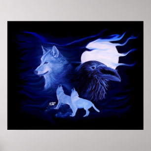 Poster Loup et corbeau avec pleine lune