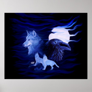 Poster Loup et corbeau avec pleine lune