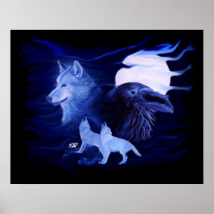 Poster Loup et corbeau avec pleine lune