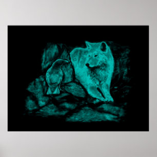 Poster Loup et corbeau dans la nuit
