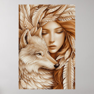 Poster Loup et femme en plumes