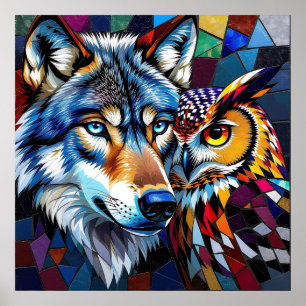 Poster Loup et Hibou Vibrants et Colorés