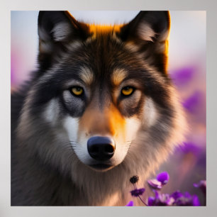 Poster Loup gris en fleurs violettes