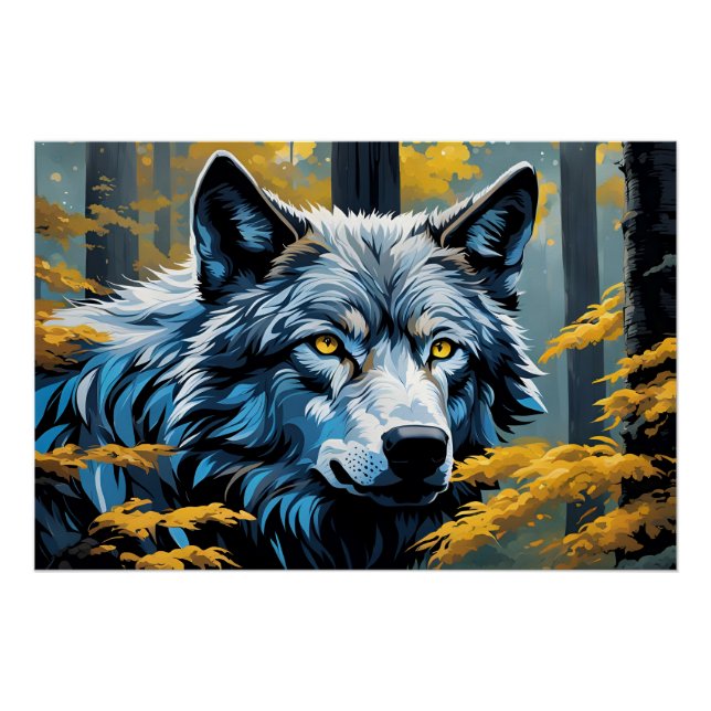 Poster Loup gris en forêt dorée (Devant)