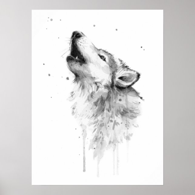 Poster Loup gris hurlant dans la peinture aquarelle (Devant)