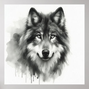 Poster Loup gris majestueux étonnant Aquarelle Faune