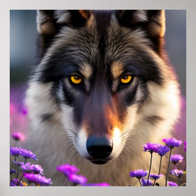 Poster Loup gris Stare - fleurs roses et violettes (Devant)
