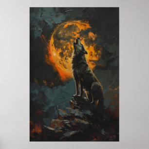 Poster Loup hurlant à la pleine lune orange imprimable hu