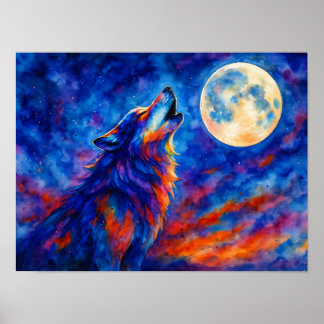 Poster Loup hurlant aquarelle colorée & pleine lune