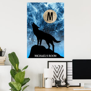 Poster Loup hurlant pleine lune bleu noir Monogramme pers