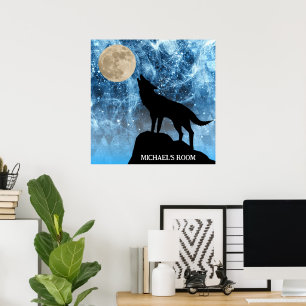 Poster Loup hurlant pleine lune bleu noir Nom personnalis