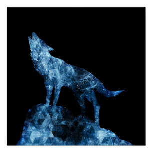 Poster Loup hurling bleu brillant silhouette fumée noir
