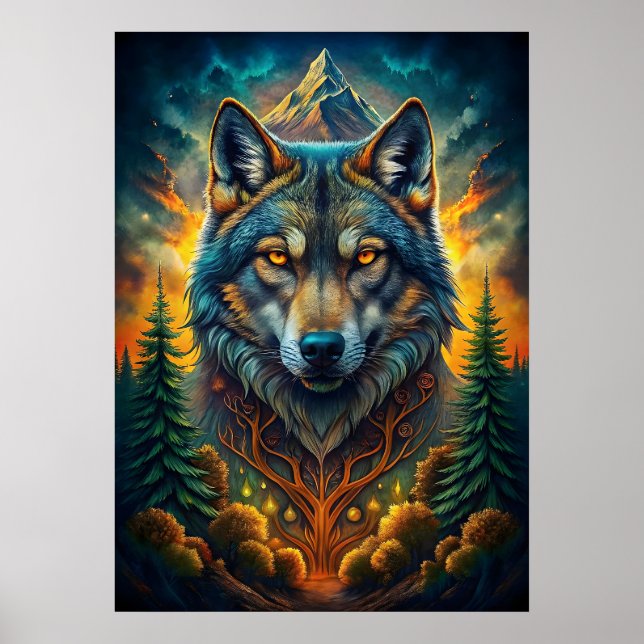 Poster Loup majestueux entouré par la nature (Devant)