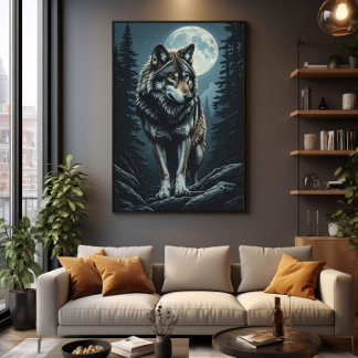 Poster Loup majestueux sous la pleine lune