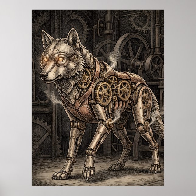 Poster Loup mécanique Steampunk engrenages en laiton vict (Devant)