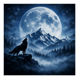 Poster Loup mystique de la nature sauvage sous la lune | 