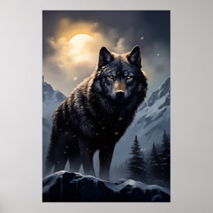 Poster Loup noir dans les montagnes de neige