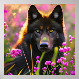 Poster Loup noir en fleurs roses