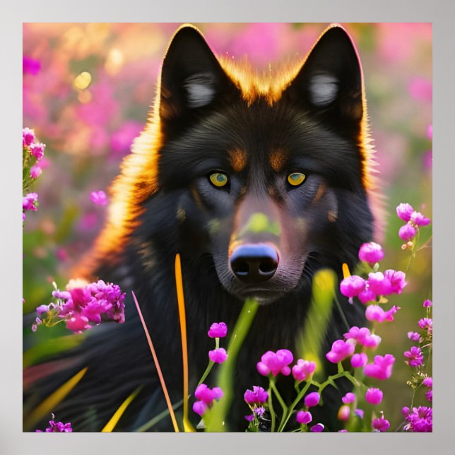 Poster Loup noir en fleurs roses (Devant)