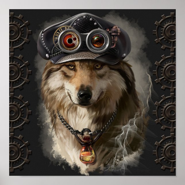 Poster Loup rouge dans un casquette steampunk (Devant)