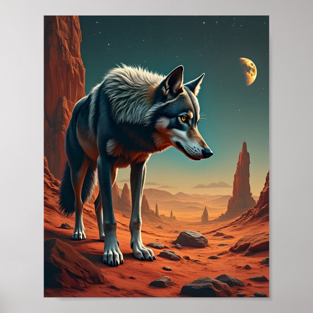 Poster Loup solitaire dans le désert de mars l'espace (Devant)