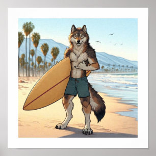 Poster Loup surfeur  