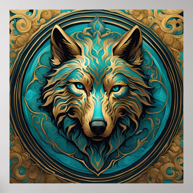 Poster Loup Turquoise et Or (Devant)