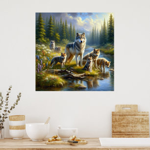 Poster Loups de meute Loups Ruisseau Nature Faune 