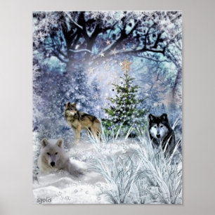 Poster Loups en hiver Noël dans les bois