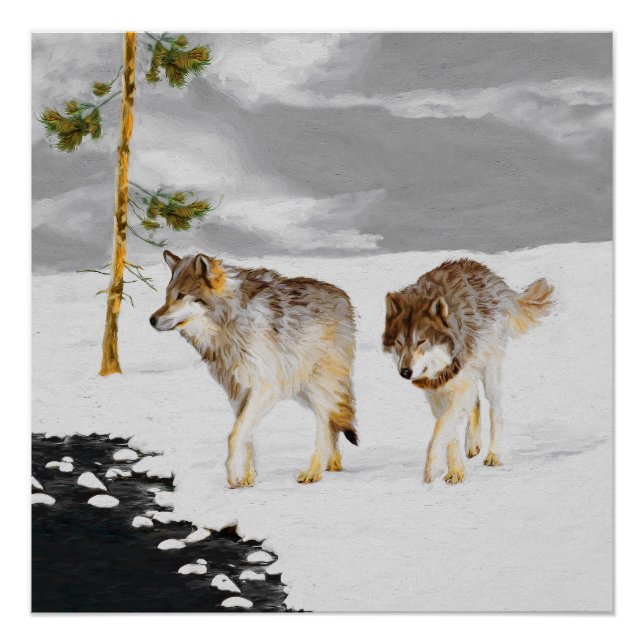 Poster Loups en peinture sur neige - Art original de la f (Devant)