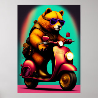 Poster L'ours cool à cheval sur un scooter rose