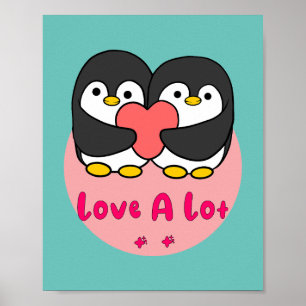 Poster Love a lot Kawaii cute penguins holding red heart 