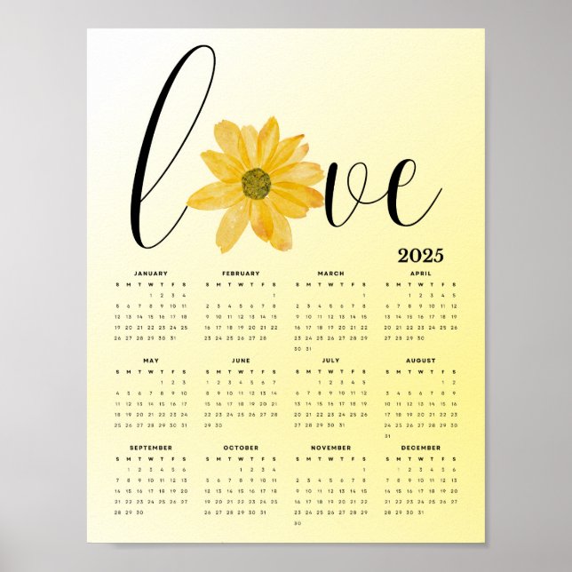 Poster Love and Flowers Yellow 2025 Wall Calendar (Devant)