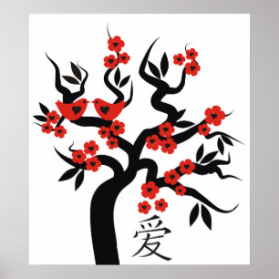 Poster Love Birds Chinese Love Symbol On Sakura Tree