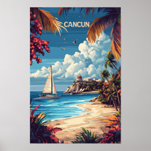 Poster Love Cancun Mexique Art Vintage Illustration Voyag