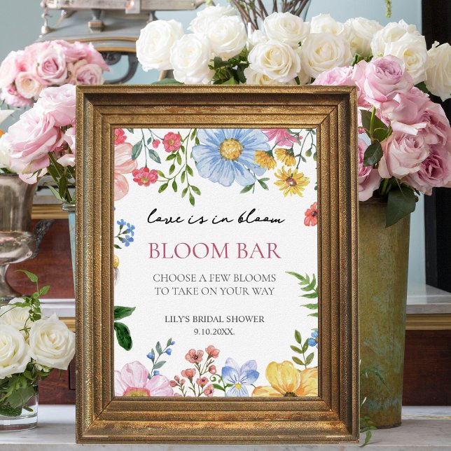 Poster Love in Bloom Fleur sauvage Fête des mariées Bloom (love is in bloom bloom flower bar sign)